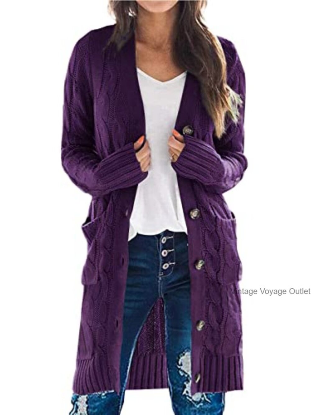 Cable Knit Button Long Cardigan Sweater with Pockets